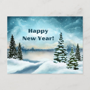 Happy New Year Winter Snow Forest Scene Holiday Postcard