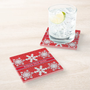 Happy New Year! Winter White Snowflake Red Pattern Glass Coaster