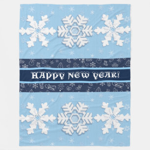 Happy New Year! Winter White Snowflakes Pattern Fleece Blanket