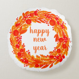 Happy New Year Winter Wreath Round Throw Pillow