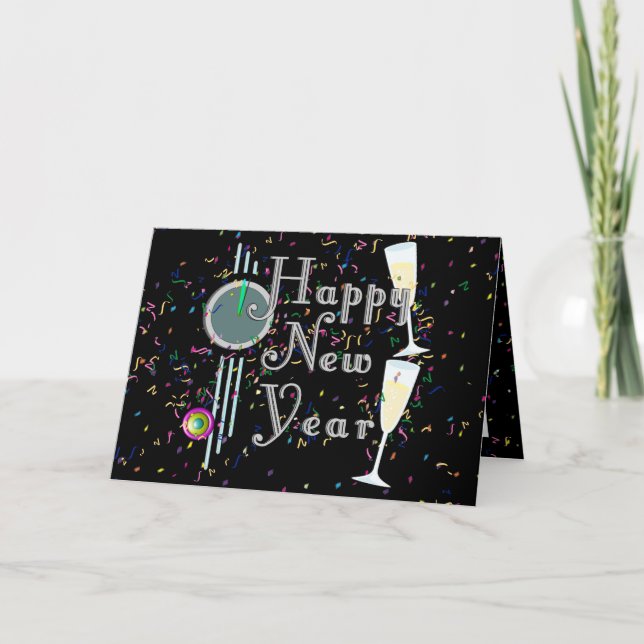 Happy New Year With Champagne & Confetti Holiday Card (Front)