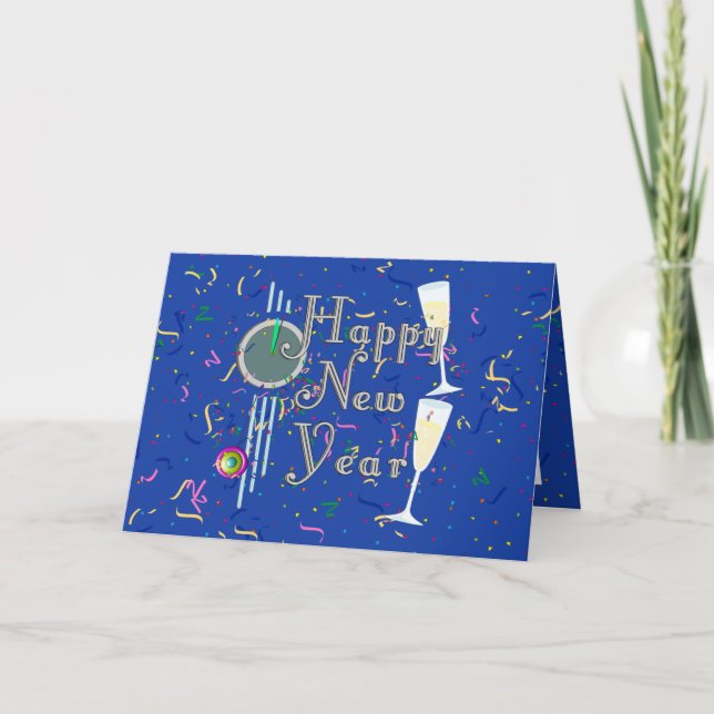 Happy New Year With Champagne & Confetti Holiday Card (Front)