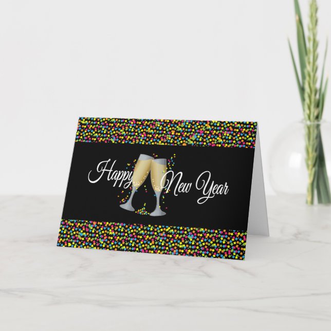 Happy New Year with Champagne & Confetti Holiday Card (Front)