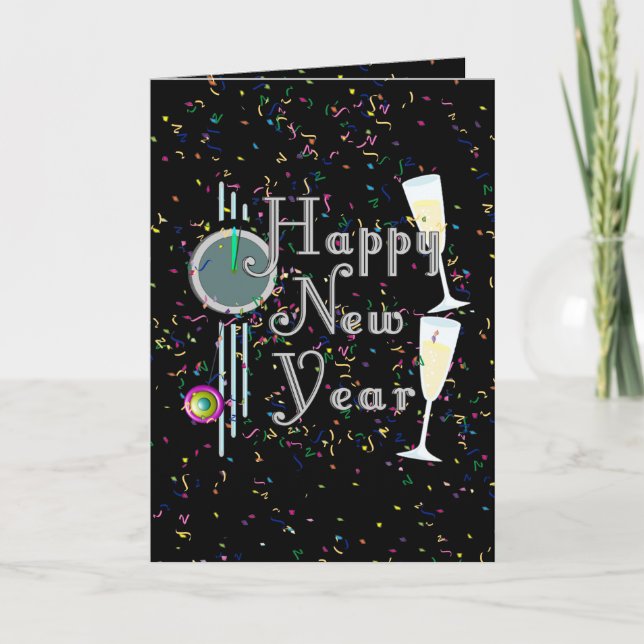 Happy New Year with Champagne & Confetti Holiday Card (Front)