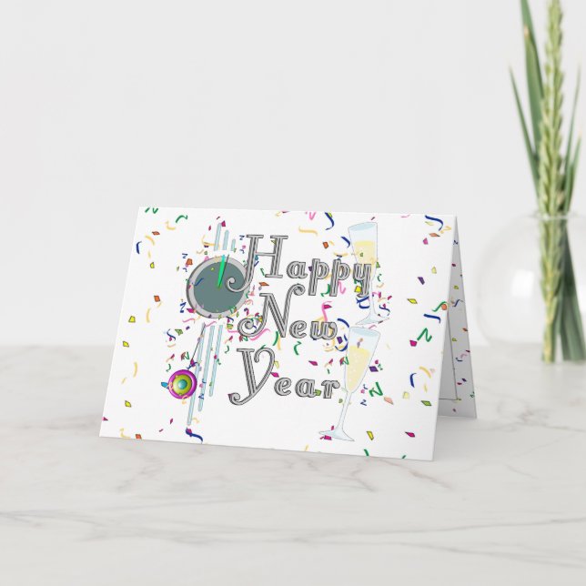 Happy New Year with Champagne & Confetti Holiday Card (Front)