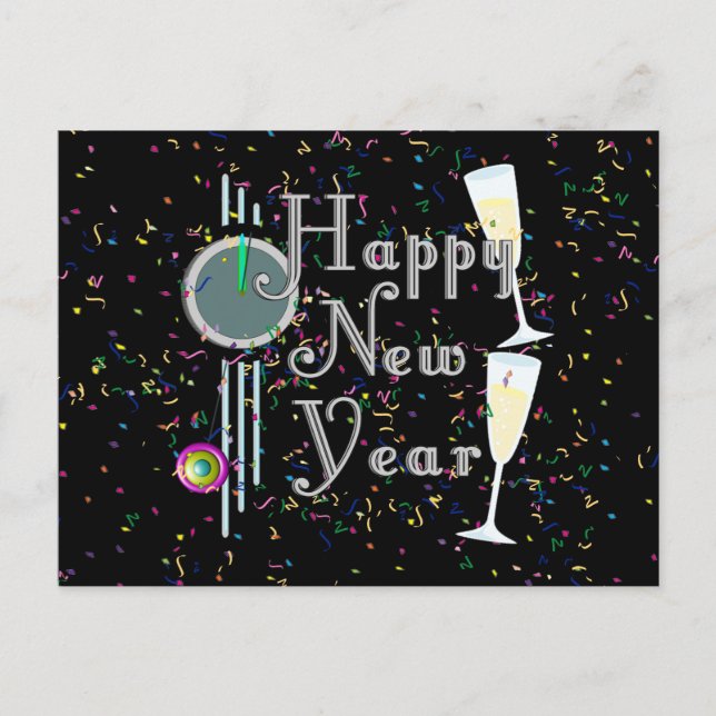Happy New Year with Champagne & Confetti Holiday Postcard (Front)