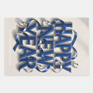 Happy New Year with Elegant Metallic Ribbons style Wrapping Paper Sheet