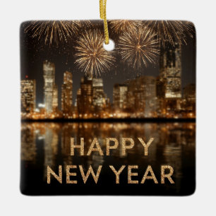 "Happy New Year" with Fireworks over a City Ceramic Ornament