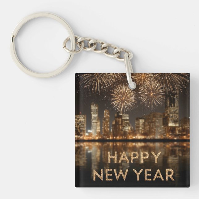"Happy New Year" with Fireworks over a City Key Ring (Front)