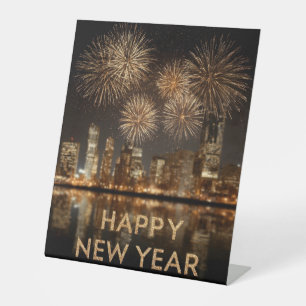 "Happy New Year" with Fireworks over a City Pedestal Sign
