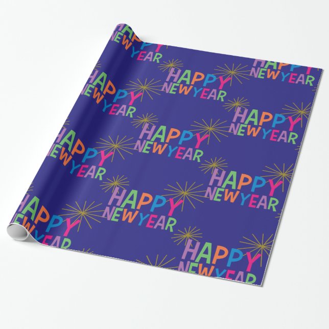 Happy New Year with Fireworks Wrapping Paper (Unrolled)