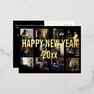 Happy New Year with Johannes Vermeer Patchwork Foil Holiday Postcard