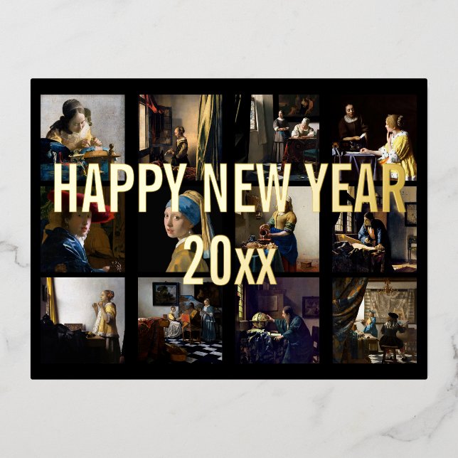 Happy New Year with Johannes Vermeer Patchwork Foil Holiday Postcard (Front)