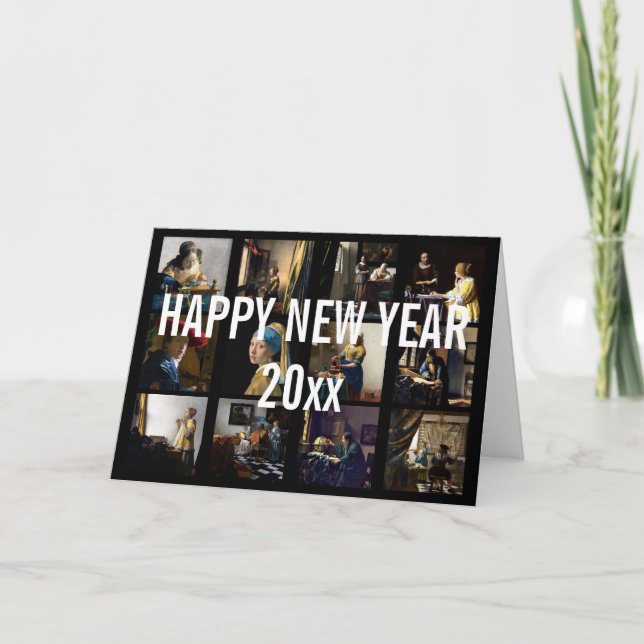 Happy New Year with Johannes Vermeer Patchwork Holiday Card (Front)