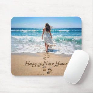Happy New Year with Woman Walking into Ocean Mouse Mat