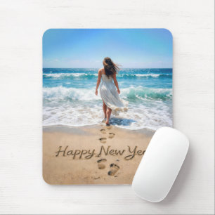 Happy New Year with Woman Walking into Ocean Mouse Mat
