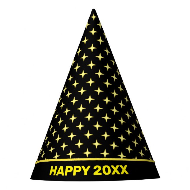 Happy New Year & Yellow Stars on Black Party Hat (Front)
