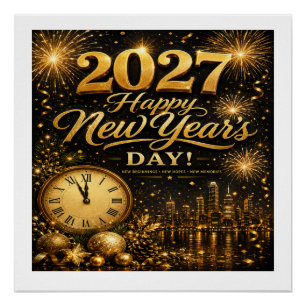 Happy New Year's Day 2027 Luxury Gold Fireworks Poster