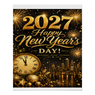 Happy New Year's Day 2027 Luxury Gold Fireworks Poster