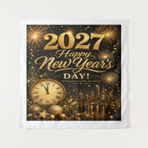 Happy New Year's Day 2027 Luxury Gold Fireworks Tapestry