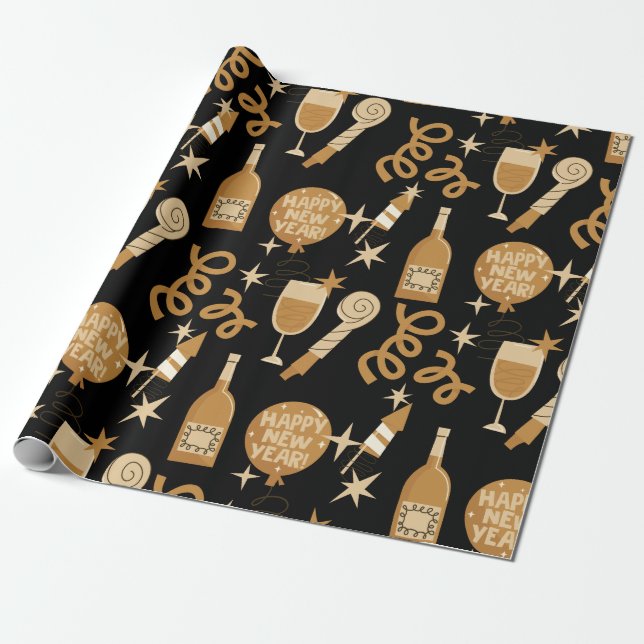 Happy New Year's Eve Gold and Black Wrapping Paper (Unrolled)