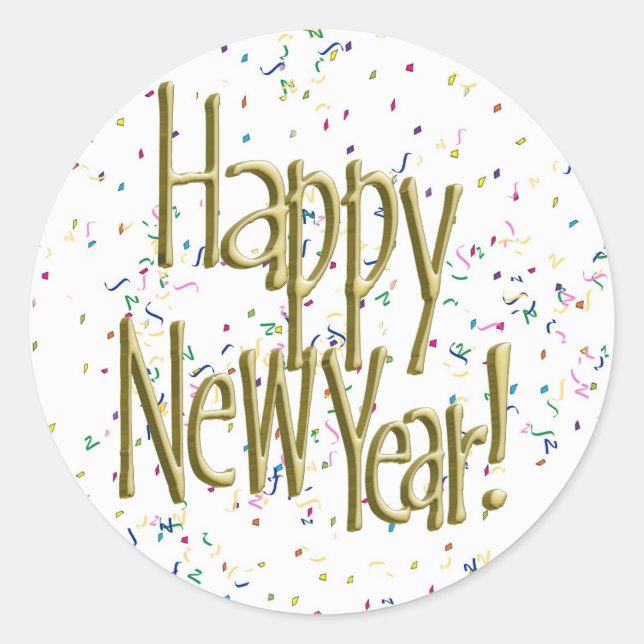 Happy New Years Gold Text Classic Round Sticker (Front)