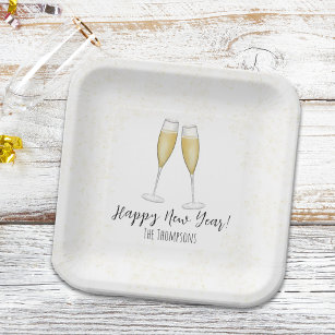 Happy New Years Party Champagne Watercolor Gold Paper Plate