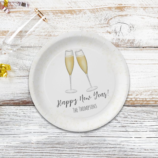 Happy New Years Party Champagne Watercolor Gold Paper Plate (Creator Uploaded)