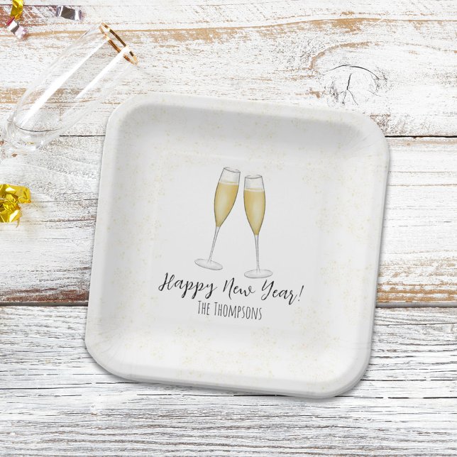 Happy New Years Party Champagne Watercolor Gold Paper Plate (Creator Uploaded)