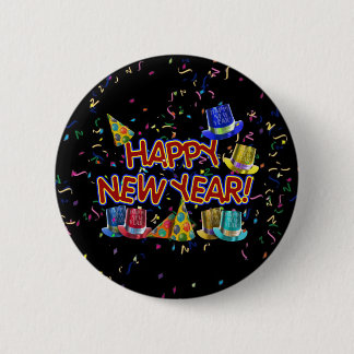 Happy New Years Text w/Party Hats & Confetti 6 Cm Round Badge