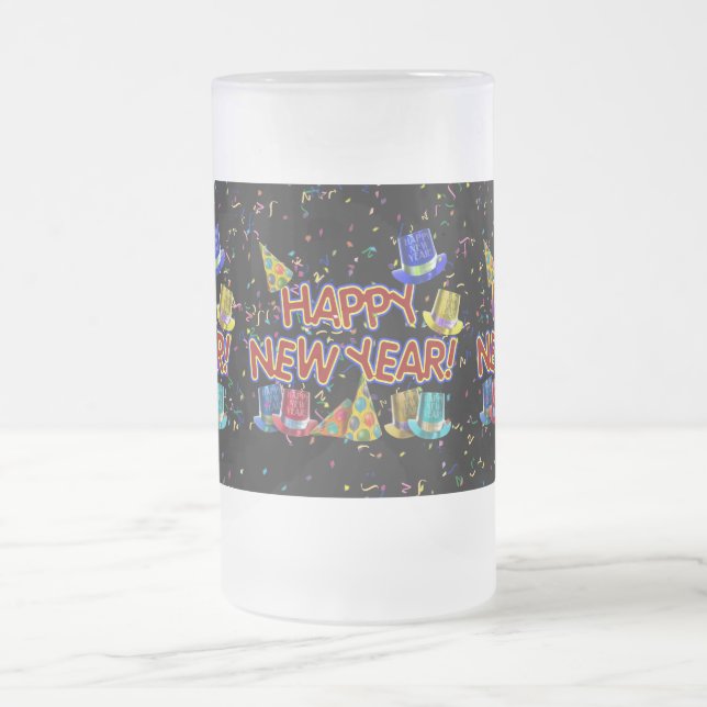 Happy New Years Text w/Party Hats & Confetti Frosted Glass Beer Mug (Center)
