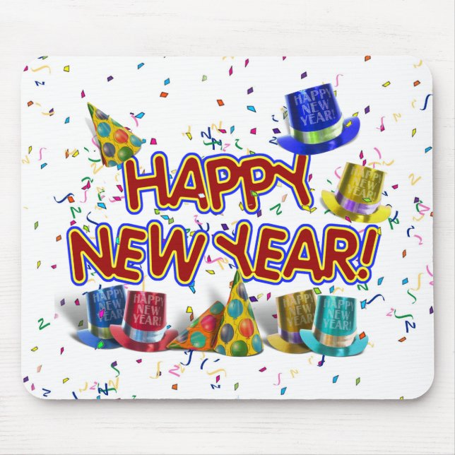 Happy New Years Text w/Party Hats & Confetti Mouse Mat (Front)
