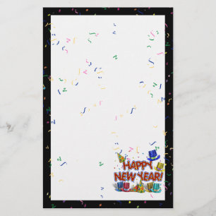 Happy New Years Text w/Party Hats & Confetti Stationery