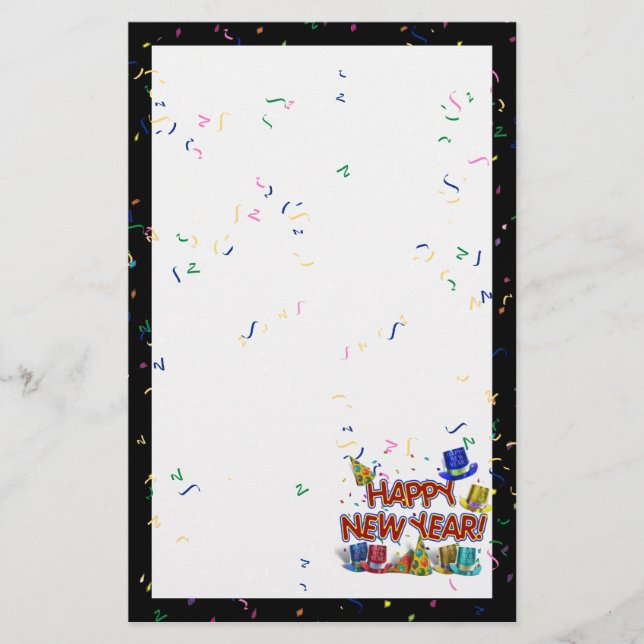 Happy New Years Text w/Party Hats & Confetti Stationery (Front)