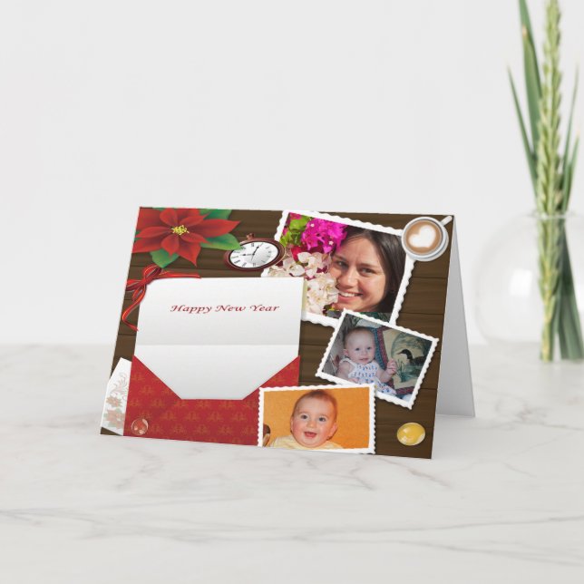 Happy New Year's w/ Holly Add Photo Greeting Card (Front)