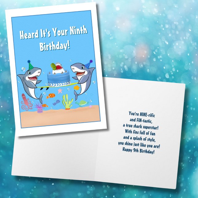 Happy Ninth Birthday Sharks with Cake card (Creator Uploaded)