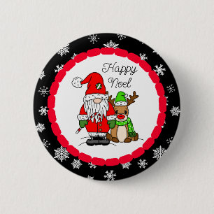 Happy Noel Gnome Santa and Reindeer Christmas   6 Cm Round Badge