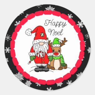 Happy Noel Gnome Santa and Reindeer Christmas  Classic Round Sticker