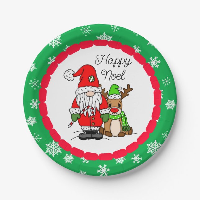 Happy Noel Gnome Santa and Reindeer Christmas    Paper Plate (Front)