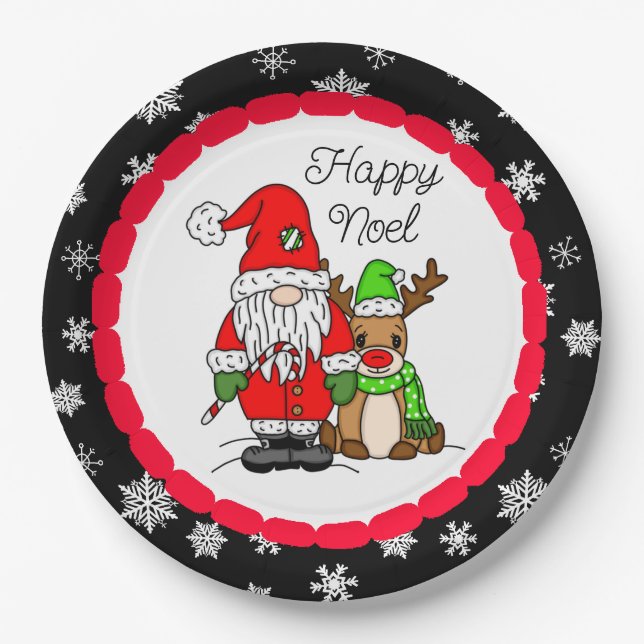 Happy Noel Gnome Santa and Reindeer Christmas   Paper Plate (Front)