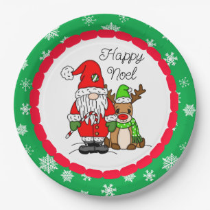 Happy Noel Gnome Santa and Reindeer Christmas Paper Plate
