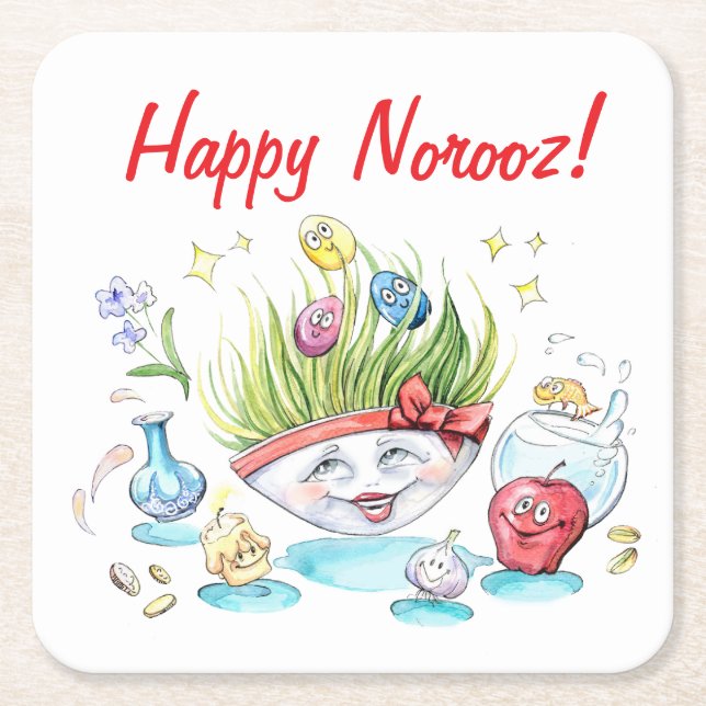 Happy Norooz Haft Sin funny table Square Paper Coaster (Front)