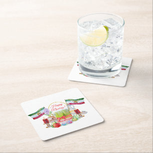 Happy Norooz Haft Sin with Lion and Sun Flags Square Paper Coaster