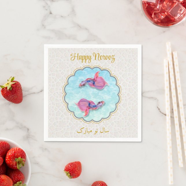 Happy Norooz Mubarak Orient Pattern Colourful Fish Napkin (Insitu)