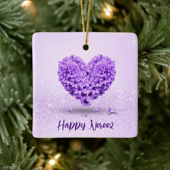 Happy Norooz Purple Hyacinth Lovely Heart Bouquet Ceramic Ornament (Tree)