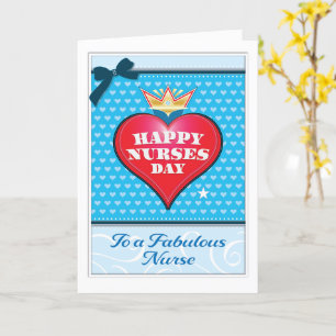 Happy Nurses Day Big Red Heart Crown Cheerful Blue Card