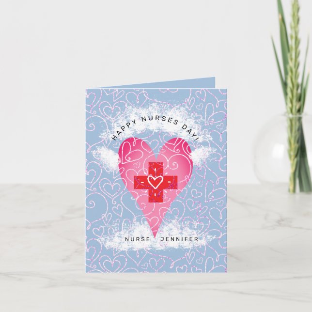 Happy Nurses Day Blue Pink Heart Personalised Thank You Card (Front)