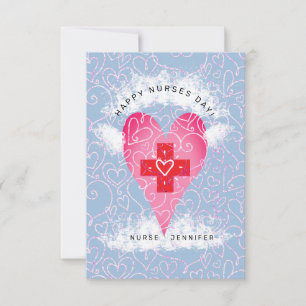Happy Nurses Day Blue Pink Heart Personalised Thank You Card