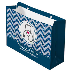 Happy Nurses Day Stethoscope on Blue Chevron Large Gift Bag