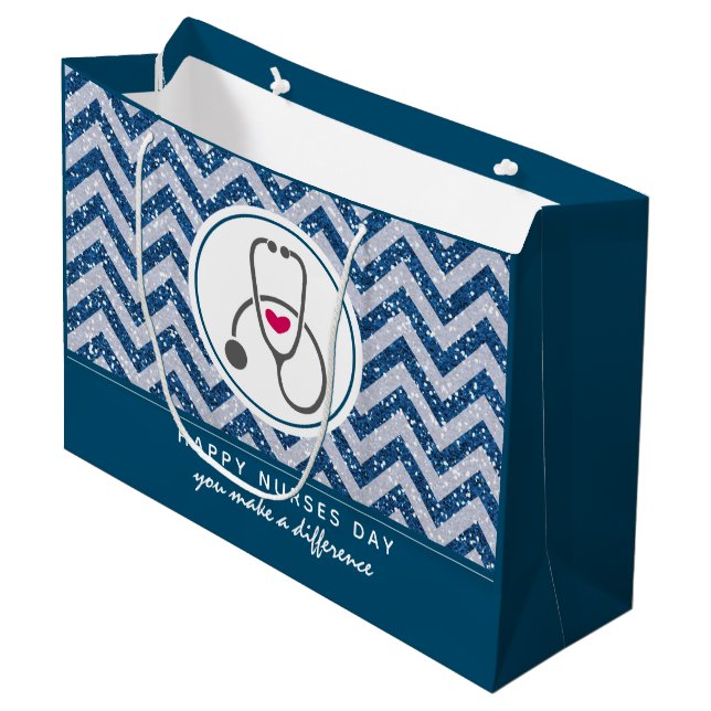 Happy Nurses Day Stethoscope on Blue Chevron Large Gift Bag (Front Angled)